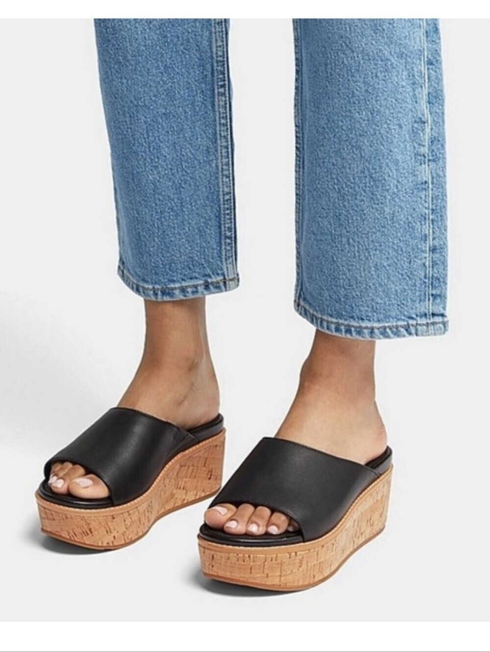 NWT FitFlop Eloise Cork-Wrap Black Leather Wedge Slides  Size 11